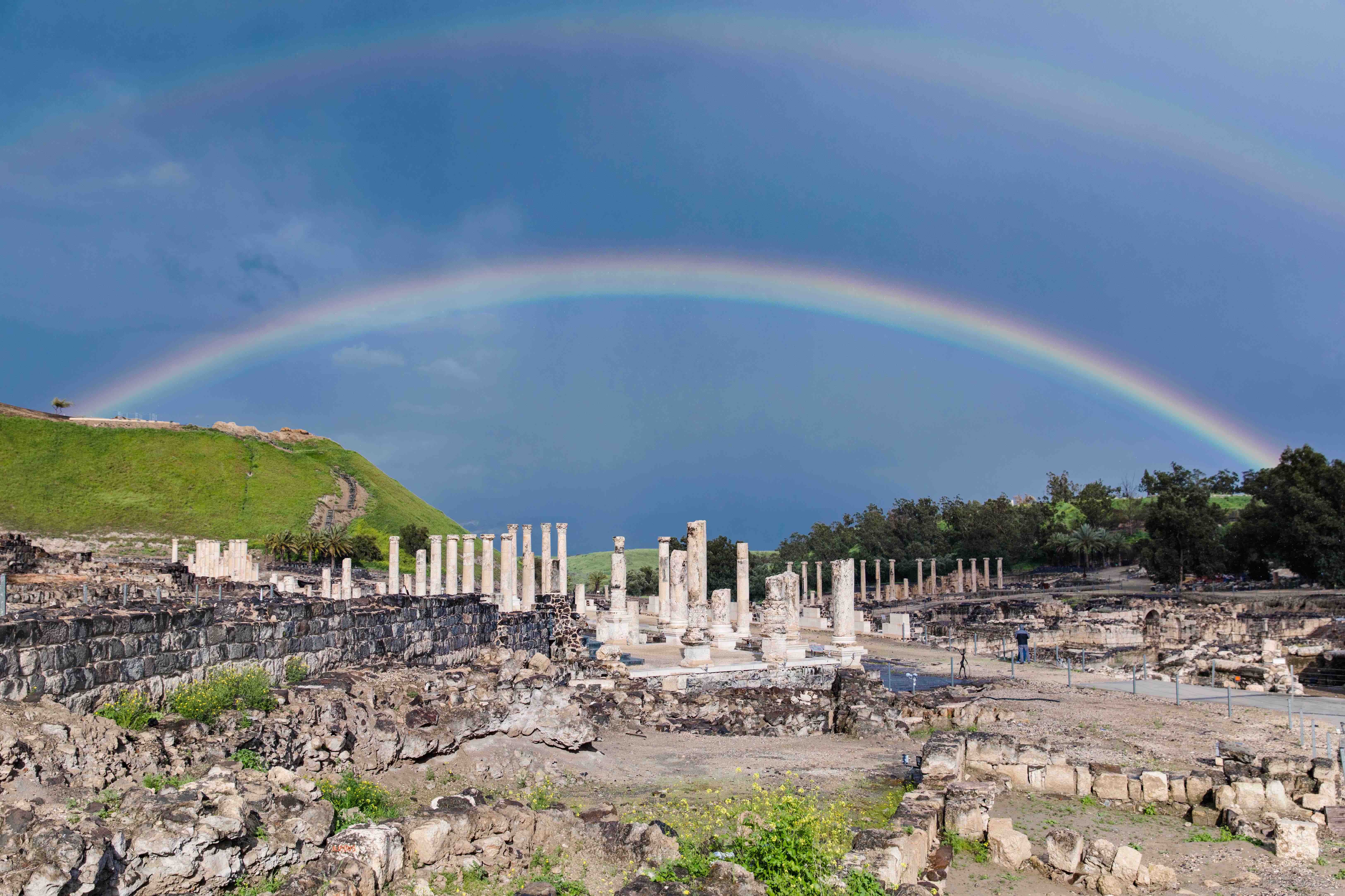 Aerial view of a double rainbow over Beit She’An