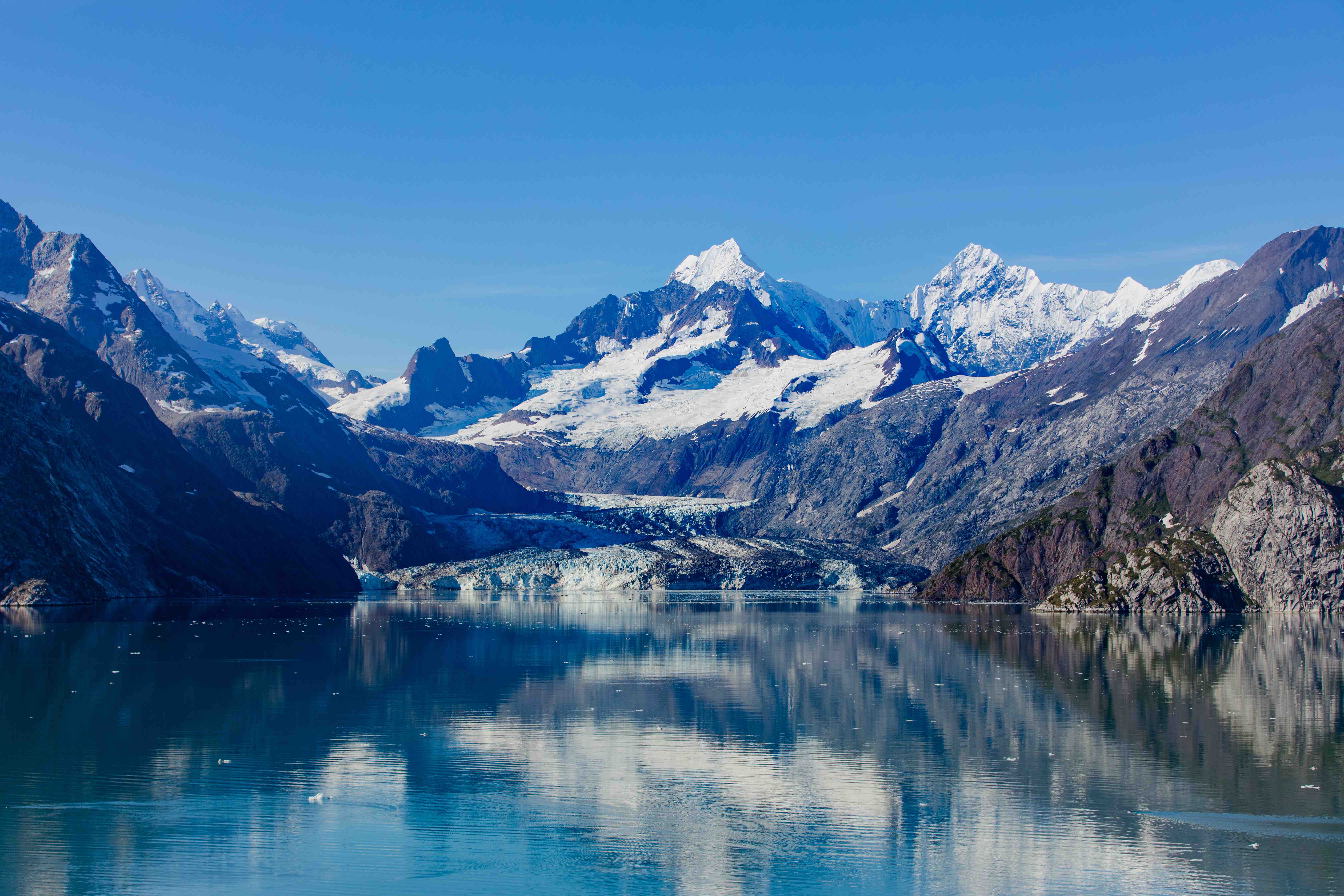 Snow-capped mountains in Glacier Bay