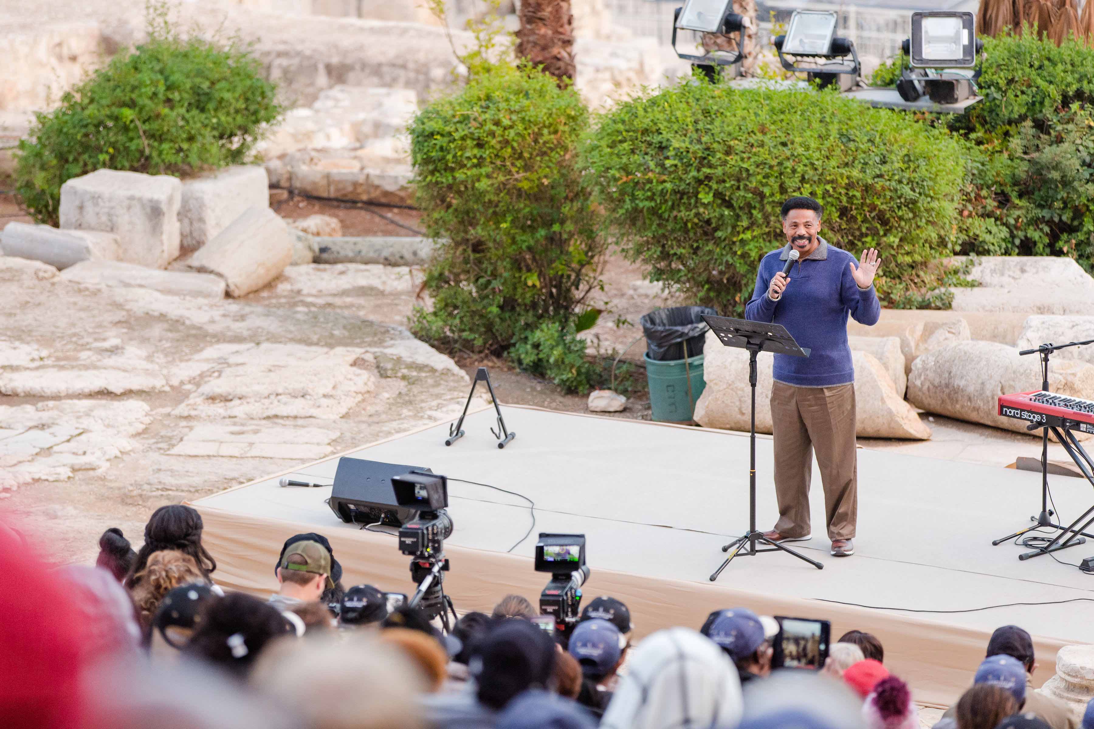 Tony Evans teaching next to the Southern Steps in Israel